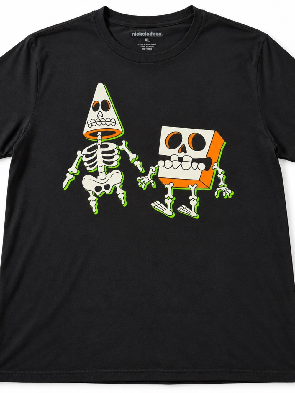 Nickelodeon Black Tee Neon Green and Orange Skeleton Friends 3X